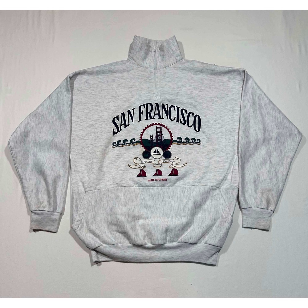 Vintage San Francisco Golden Gate Bridge Quarter Zip Sweatshirt Gray USA Large